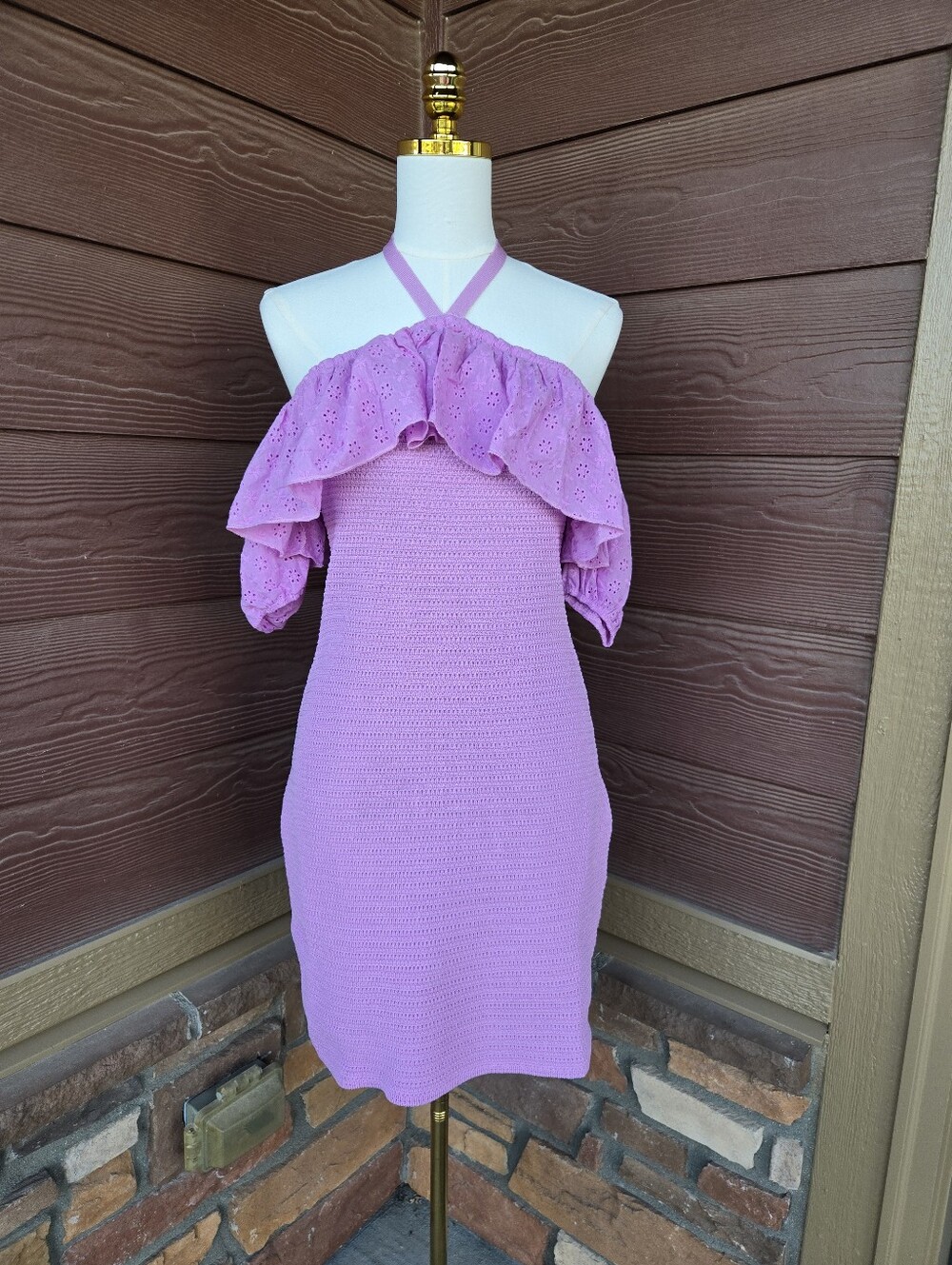 NWT Fate Lavender Eyelet Cold‑Shoulder Halter Dress Women’s Medium